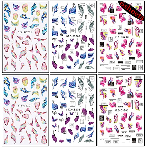 Rtkhfze 6Pcs Marble Nail Stickers For Nail Art Watercolor Nail Decals 3D Self Adhesive Nail Art Supplies Colorful Stripe Word Butterfly Nail Art Stickers For Women Manicure Tips Decorations, 6Sheets #TOP3