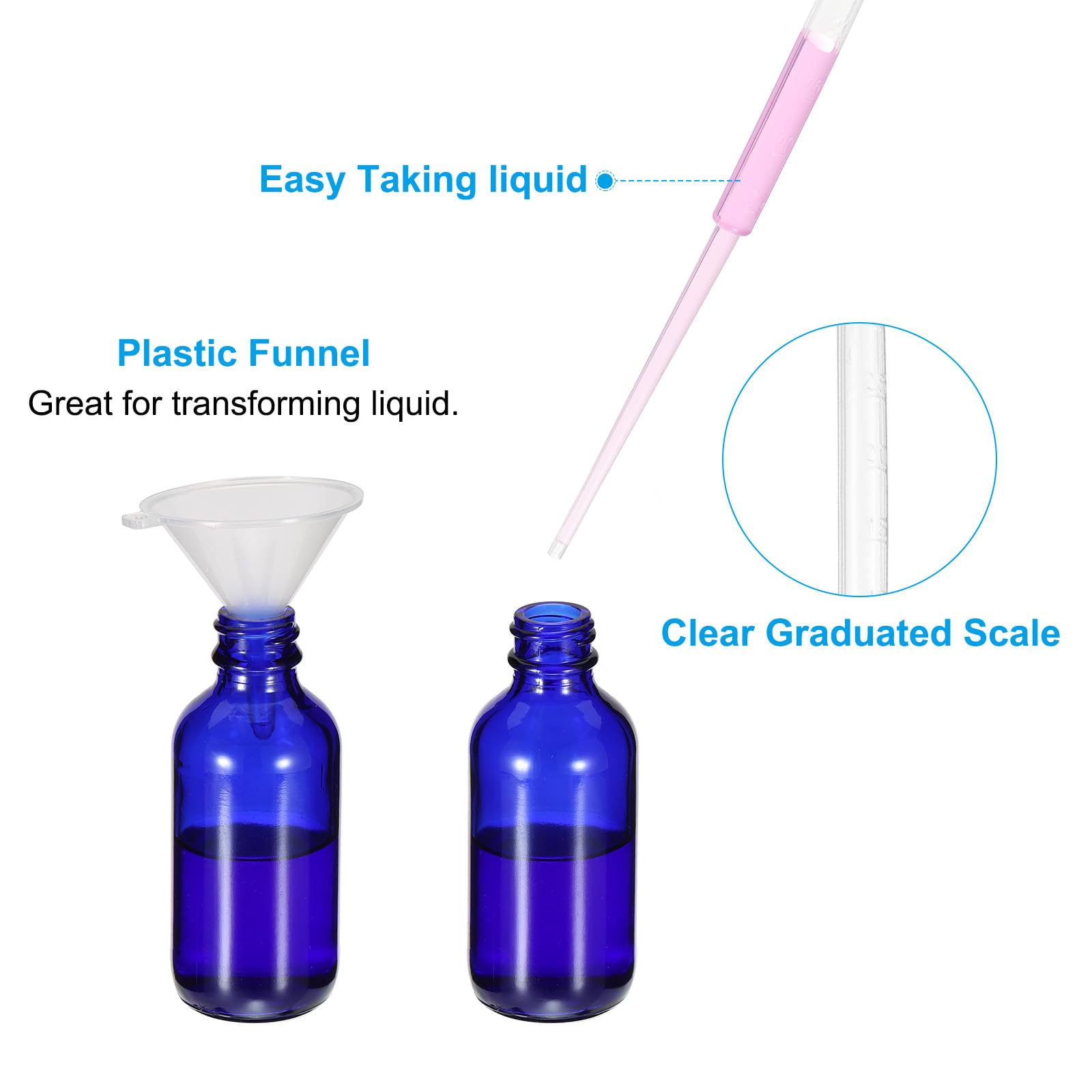 PATIKIL Frasco Gotero De Vidrio De 60ml, 120Pcs Recipiente Estanco Para Muestras De Aceites Esenciales Y Líquidos Con Pipetas Y Embudo Para Almacenamiento Hogar Y Viaje, Azul