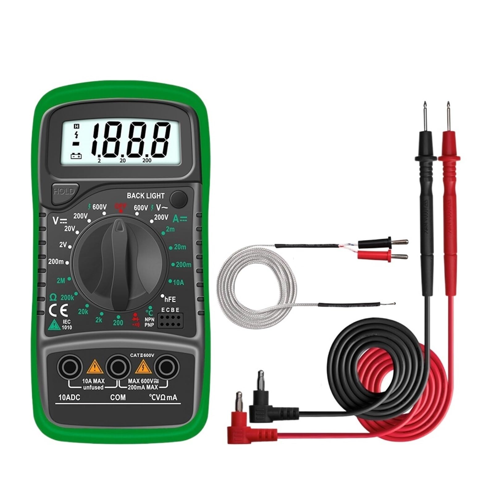 Multimetr Cyfrowy AC/DC Amperomierz Volt Ohm Tester Miernik Multimetro Z Termoparą Podświetlenie LCD Przenośny Szybko Dokładnie Łatwy Odczyt(Green)