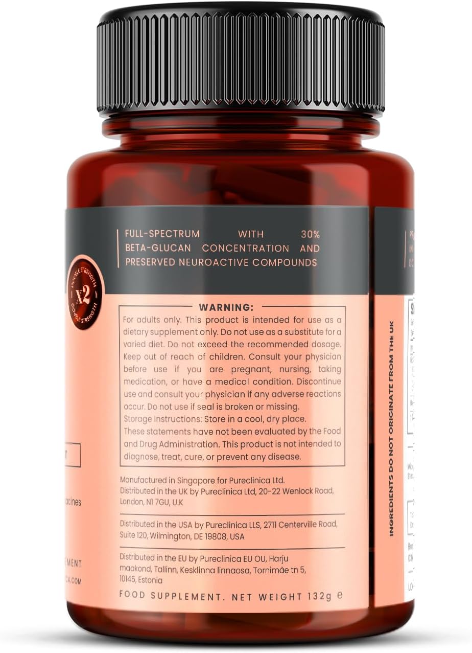 pureclinica Full Spectrum Lion's Mane 15,000mg x 180 Caplets (2 Bottles of 90) - 6 Month's Supply - 15g Mushroom Powder - 30% Beta-Glucans - No Grain, No Fillers