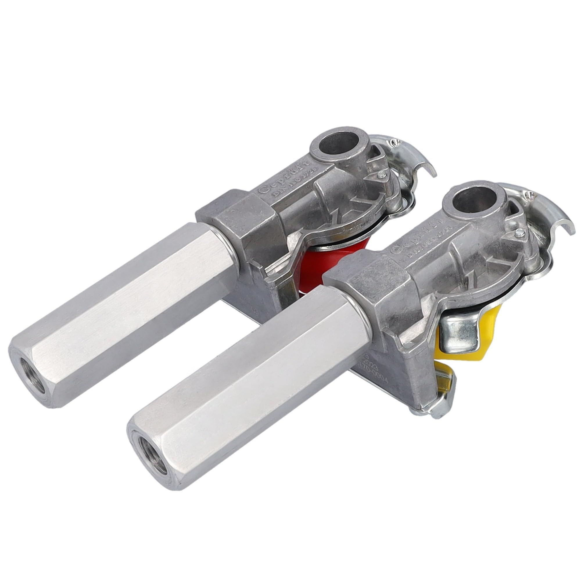 Kupplungskopf Set Rot Gelb Griff M22x1,5 ohne Ventil mit Aluminiumgriff Anhänger