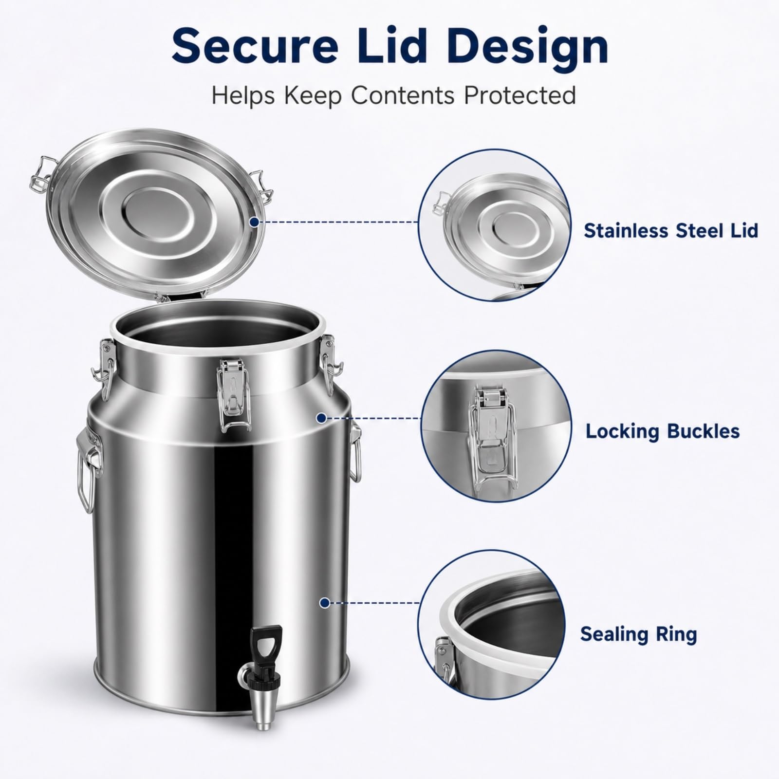 Bidón de leche de acero inoxidable 304 con tapa hermética y grifo | Bidón de leche estanco para almacenar y transportar aceite y vino(No Spigot,35L/9.2 Gal)