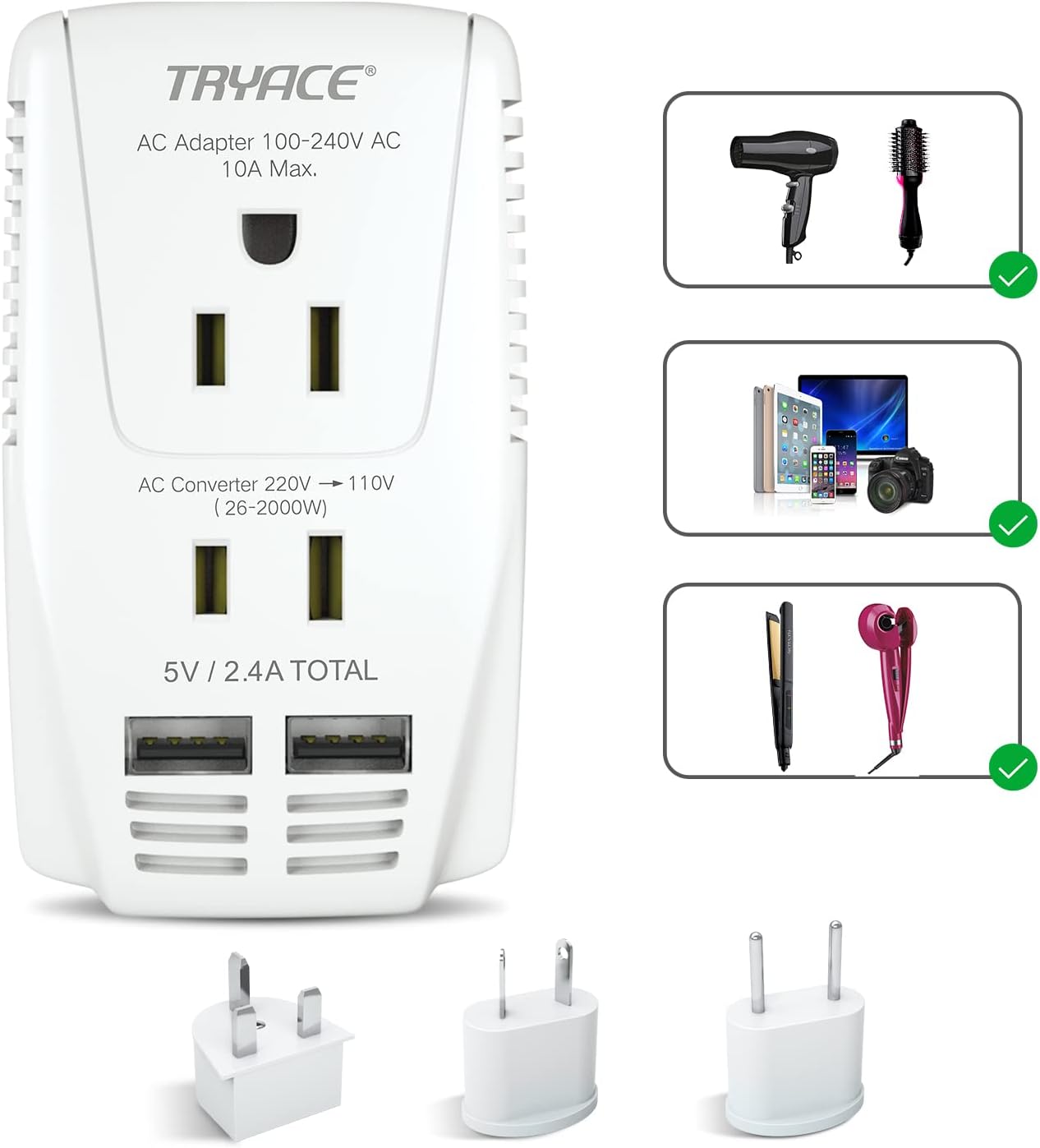 2000W Travel Voltage Converter Step Down 220v to 110v Power Converter for Hair Dryer Straightener Curling Iron, 10A Power Adapter with 2 USB Charging EU/UK/AU/US Worldwide Plug for Laptop Phone