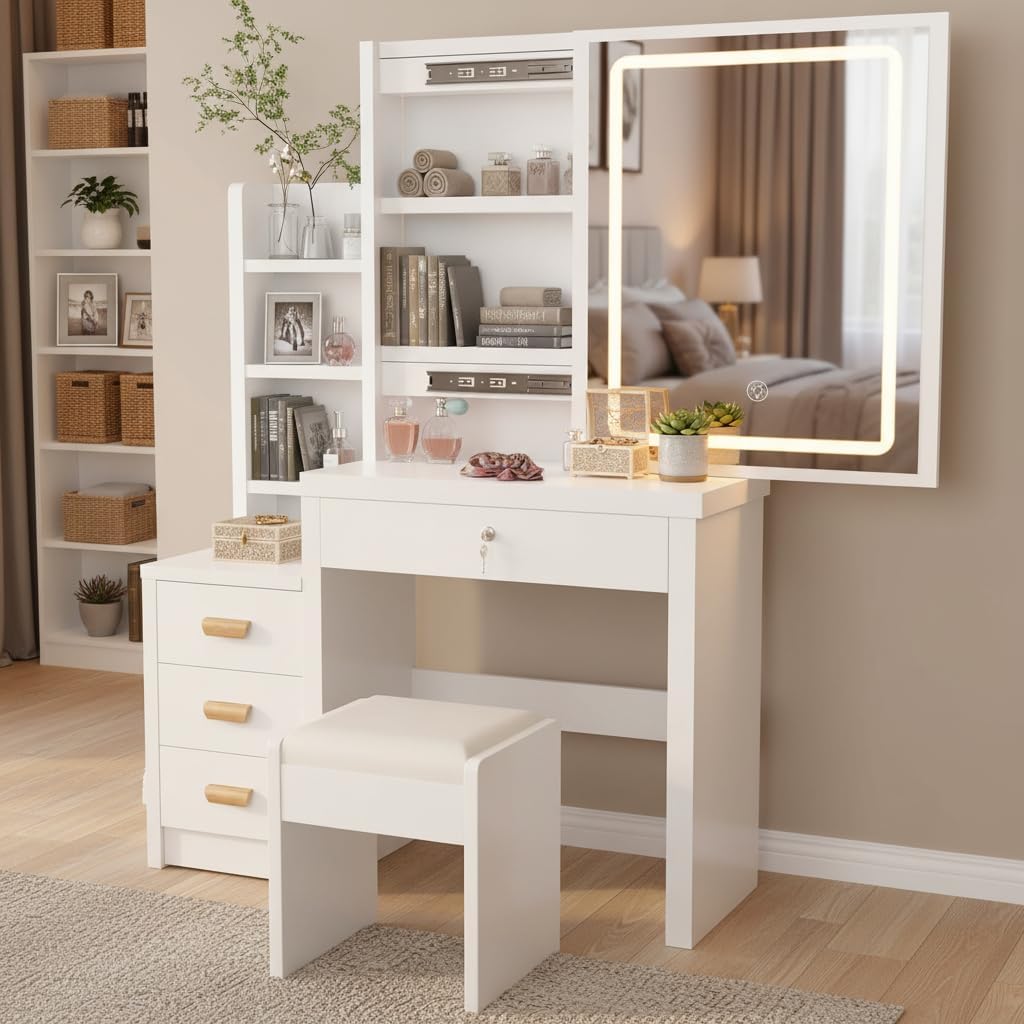 Coiffeuse avec éclairage LED, Miroir et luminosité réglable, Coiffeuse avec Tabouret, 4 tiroirs et 7 étagères, Coiffeuse Moderne, en Bois, Blanche