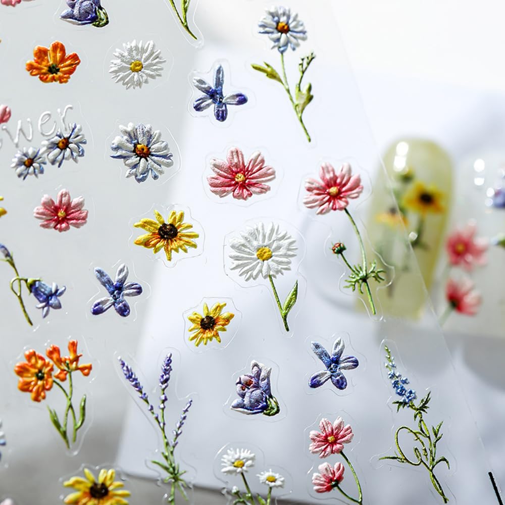 1Pcs Embossed Flower Nail Stickers Small Daisy Nail Decals 5D Embossed Wildflower Nail Art Stickers Spring Summer Self-Adhesive Nail Supplies Flower