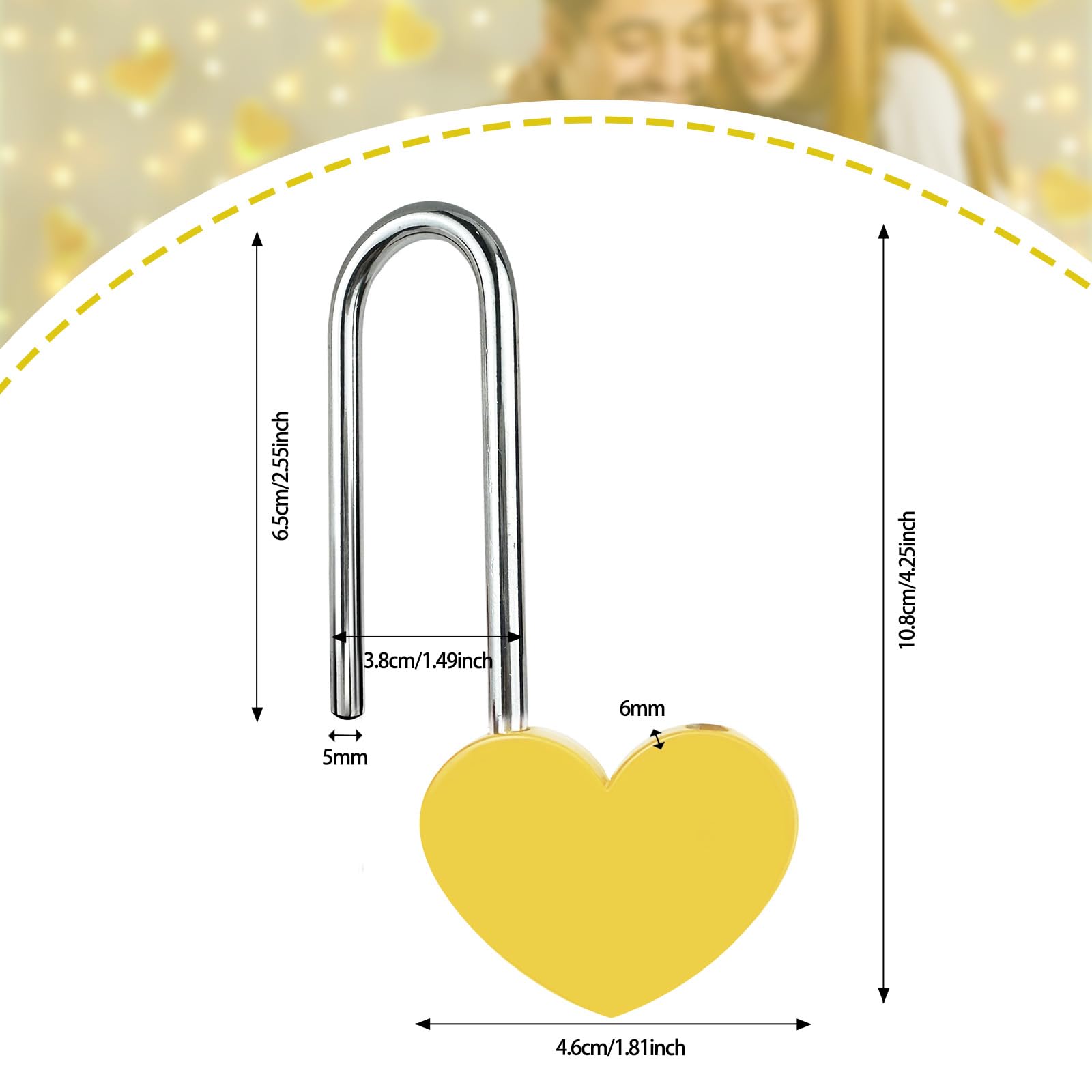 Candado de corazón único sin llave, 5 candados amarillos de 3.5 pulgadas, 50 mm, para puente Lovelock, árbol de deseos (sin llave)