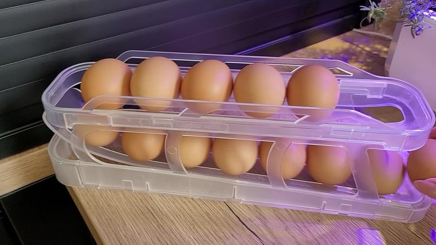 Portauova Per Frigorifero RISVOWO - Design A Rotolamento Automatico, Capacità 14 Uova, 2 Strati - Foto 4