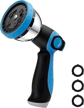 BIBURY Garden Hose Nozzle, Heavy Duty Zinc Alloy Water Hose Sprayer with 10 Patterns & Thumb Control, Leak-Proof High Pressure Hose Attachment for Watering Plants, Car Wash and Showering Pets Blue