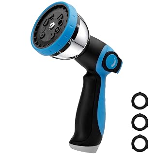 BIBURY Garden Hose Nozzle, Heavy Duty Zinc Alloy Water Hose Sprayer with 10 Patterns & Thumb Control, Leak-Proof High Pressure Hose Attachment for Watering Plants, Car Wash and Showering Pets (Blue) - Amazon product rated Grade A