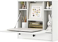 IFANNY Folding Wall Desk with Storage Drawer & Shelves - Fold Down Wall Mounted Laptop Desk for Small Spaces (White)