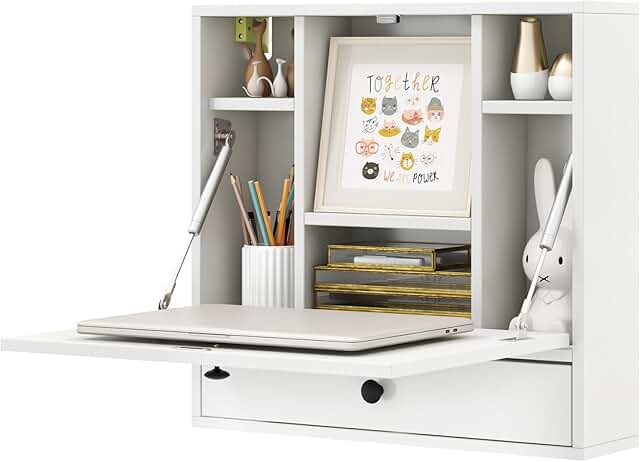 Folding Wall Desk, Wood Wall Mounted Desk with Storage Drawer and Shelve...