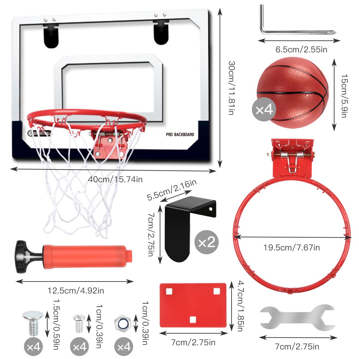 Canasta Baloncesto Infantil, Canasta Baloncesto Interior, Mini Canasta Baloncestos Habitacion con 4 Pelotas y Bomba, Canasta Baloncestos Exterior Pared para 5 años+ Niño y Adultos - Rojo