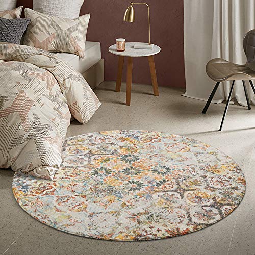 Lahome Floral Medallion Collection Round Area Rug - 4' Diameter Non-Slip Distressed Vintage Area Rug Accent Throw Rugs Floor Carpet For Door Mat Entryway Living Room Bedrooms (4' Diameter, Multicolor) #TOP2