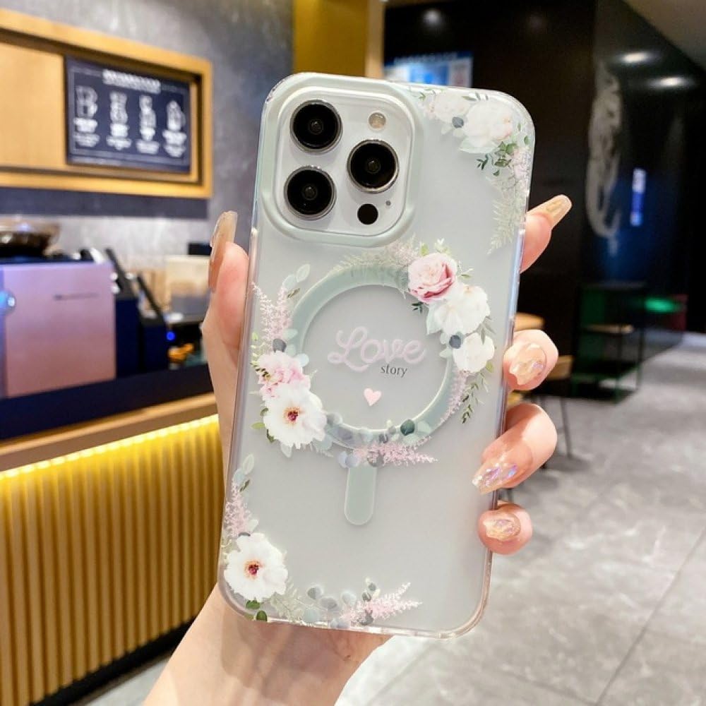 Coque acrylique magnétique iPhone 13 fleurie transparente - 7