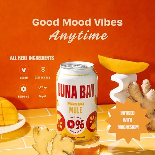 Miniatura 3 de Luna Bay Té sin alcohol Zero Percent - Té espumoso sin alcohol con yerba mate y glicinato de magnesio, vegano, bajo en azúcar, sin OMG y sin gluten,