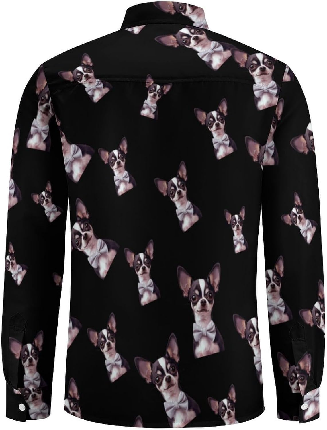 Cute Chihuahua Dog with Bowtie Novelty Men's Long Sleeve Shirts Casual Button Down Shirt Pullover Tops