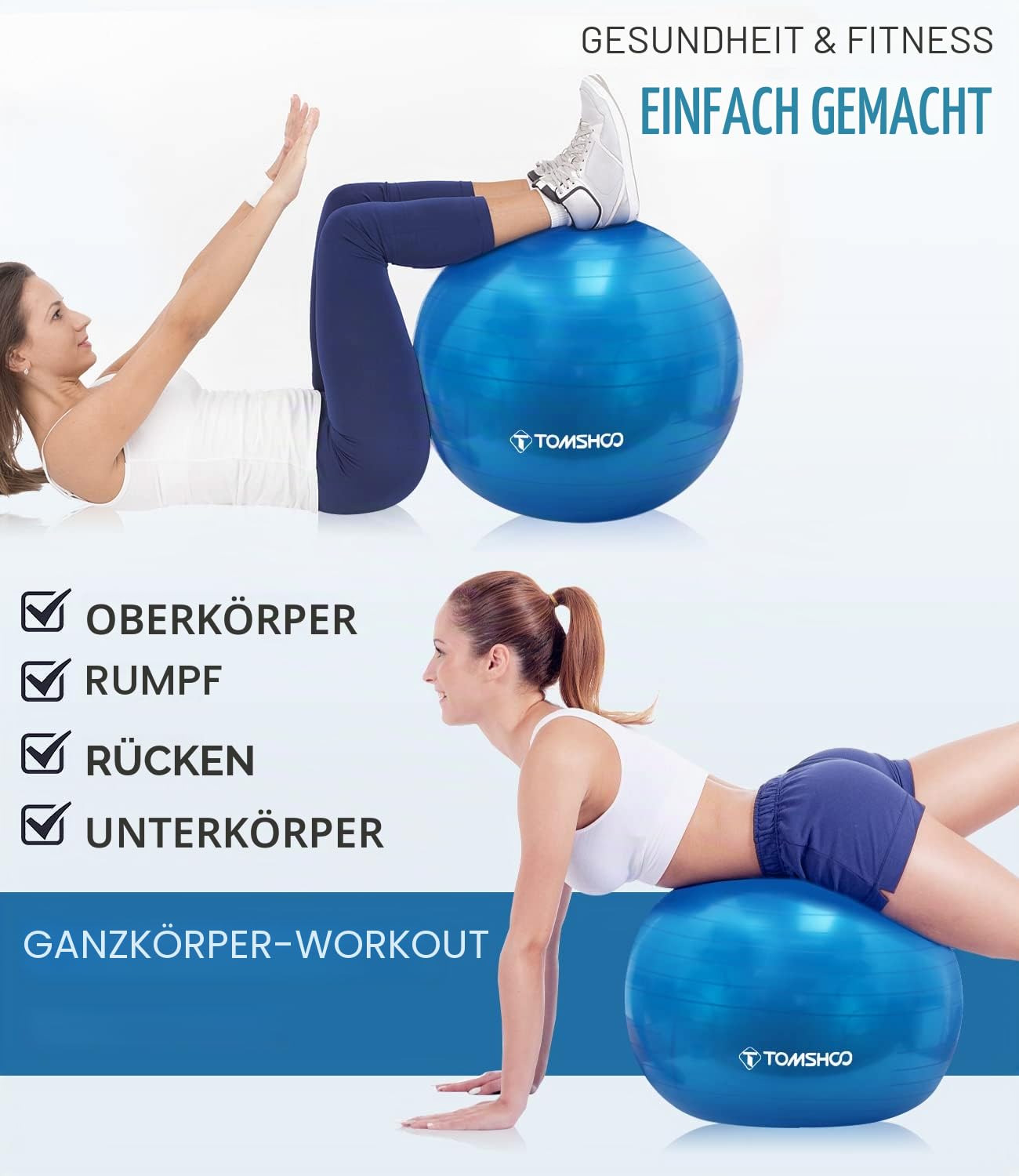 TOMSHOO Anti-Burst Yoga Ball verdickt Stabilität Balance Ball Pilates Barre körperliche Fitness Gymnastikball 45CM / 55CM / 65CM / 75CM Geschenk Luftpumpe