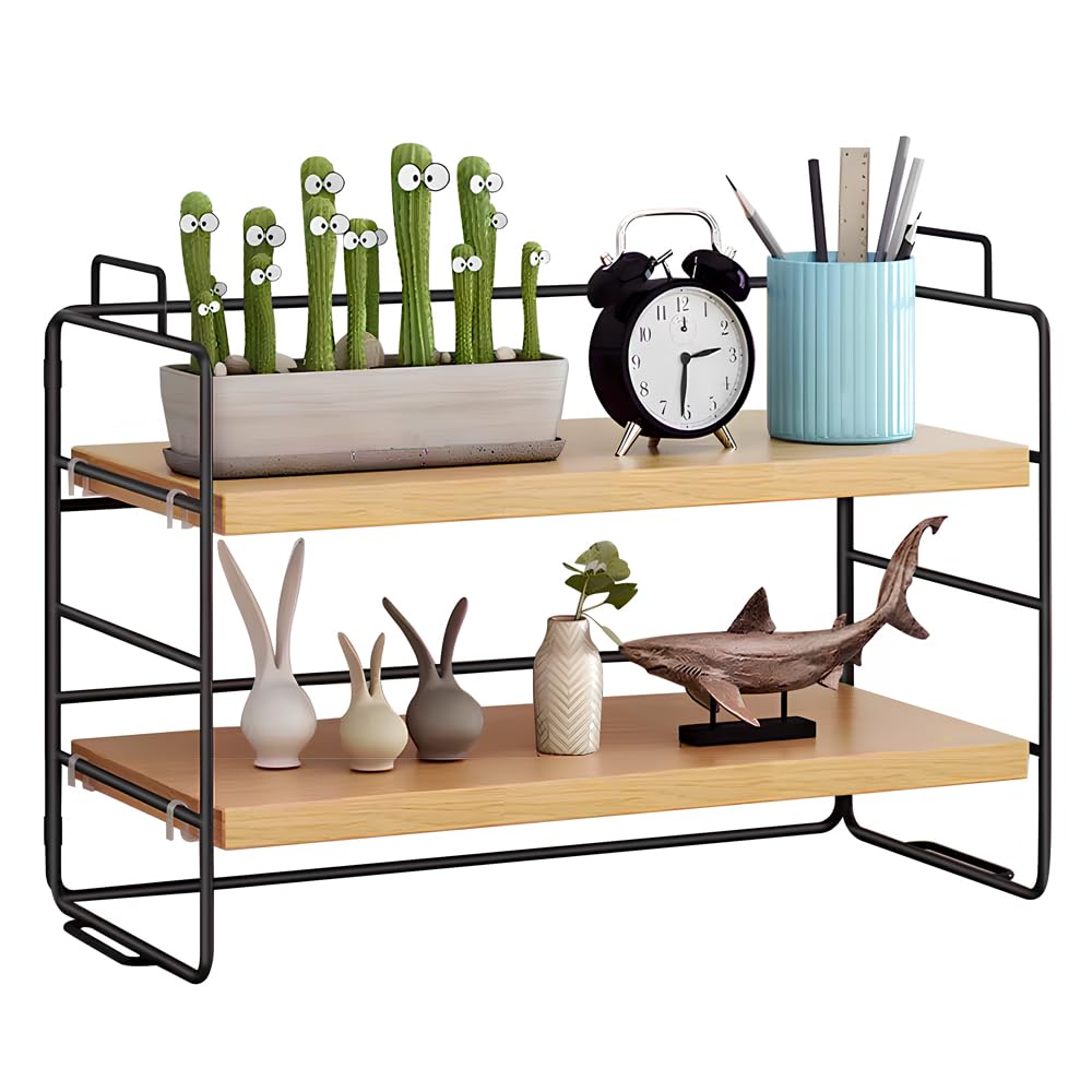 Étagère de Bureau en Bois à 2 Niveaux Étagère de Bureau Rangement Étagère de Rangement Bureau Bibliothèque de Bureau Bois pour Plantes en Pot, Cosmétiques, Livres, 37x24x16.5cm