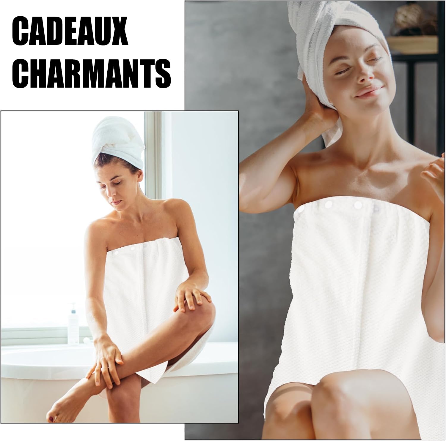 Lot de 4 Serviettes Enveloppantes Femme, Boutons Pression, Blanc, 85 cm | Paréos de Bain Doux et Absorbants avec Haut Élastique pour Spa, Sauna, Hammam, Piscine, Hôtel et Salon de Beauté