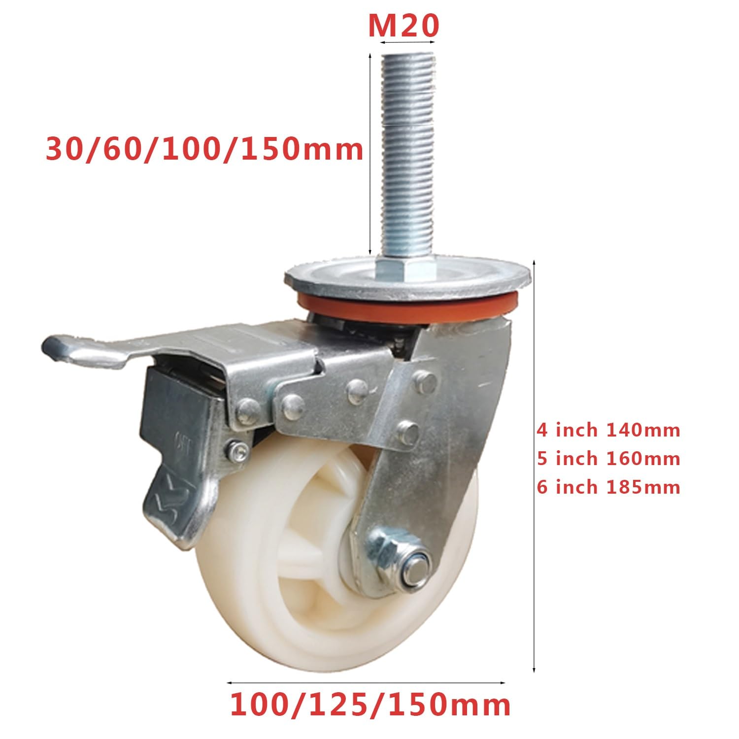 Ruote con Perno filettato M20 - Set di 4 Ruote girevoli in Nylon per impieghi gravosi da 4/5/6 Pollici con Freno per macchinari industriali e Attrezzature. Ruote con Cuscinetti Ideali per la