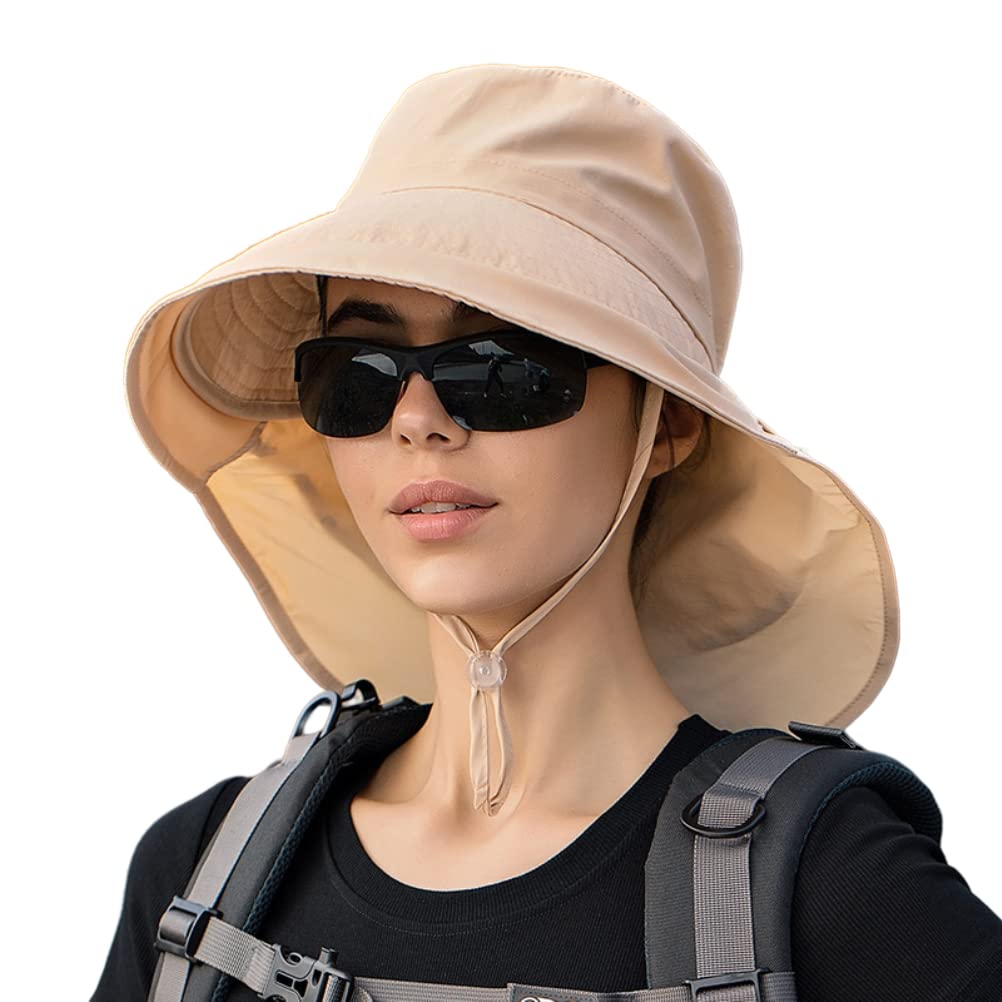 Cappello da sole a tesa larga da donna,cappello da sole con patta per il collo,cappello estivo con protezione UV, cappello da pescatore con foro per coda di cavallo, sottogola per l'estate all'aperto