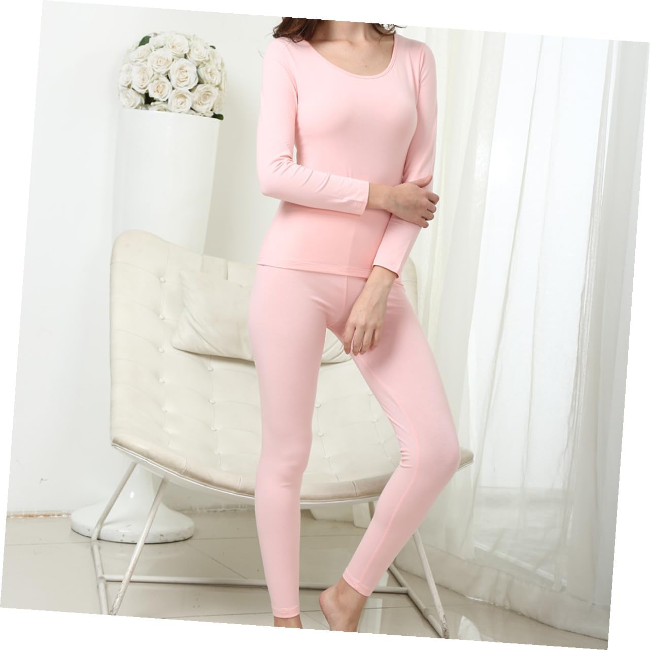 Women’s Thermal Underwear Set Long Johns Cotton Base Layer Pink M Size Winter Warm Bottoms and Tops for Cold Weather