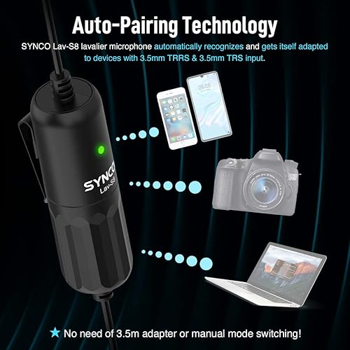 Miniatura 2 de SYNCO Micrófono Lavalier para DSLR, Lav S8 Micrófono de solapa para iPhone Cámara PC Android Reducción de ruido Auto-Emparejamiento Omnidireccional