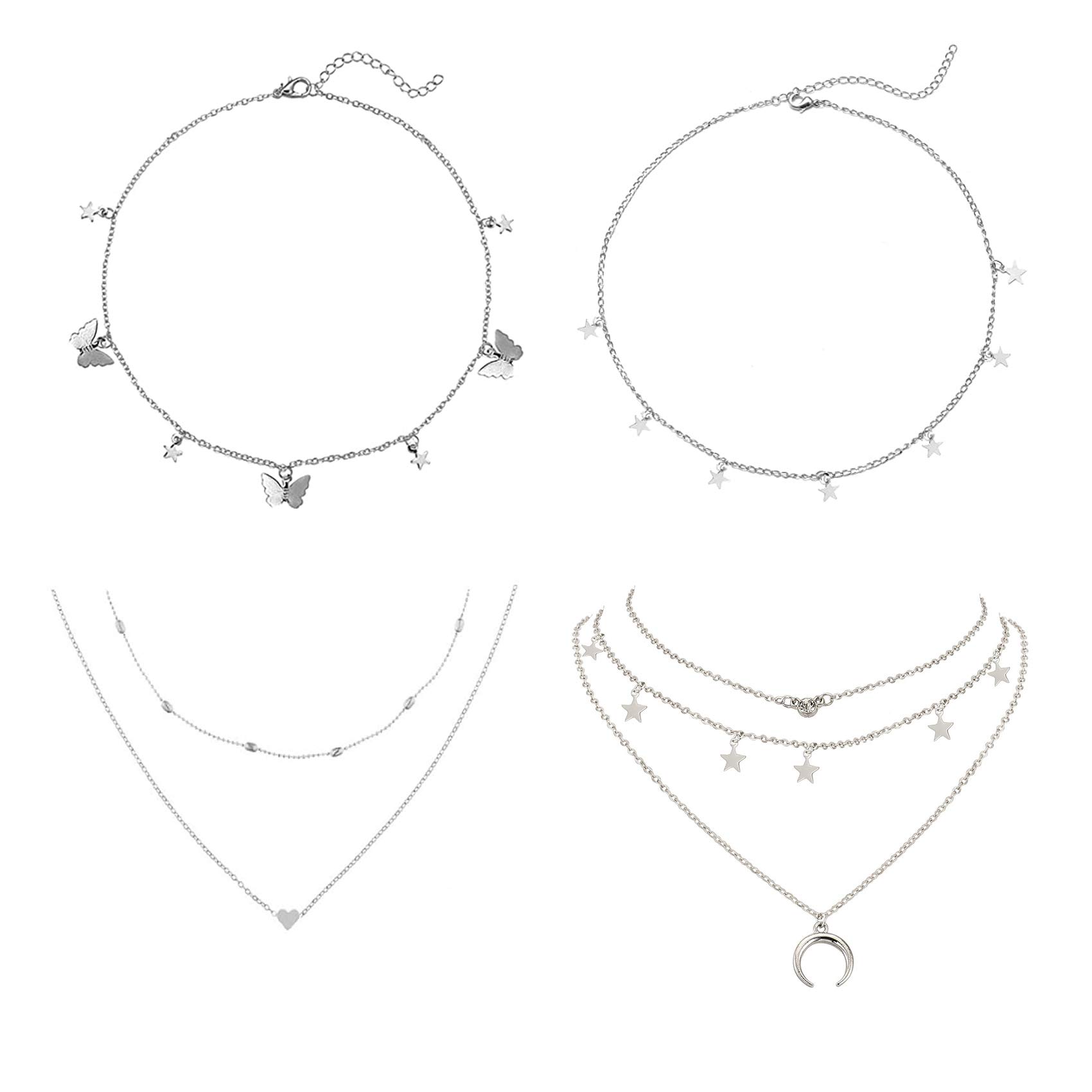BELLA-Bee4PCS Layered Choker Necklace Adjustable Gold/Silver Layered Necklace with Extension Chain Butterfly Moon Star Heart Pendant Necklace Multilayered Chain Choker Necklaces for Women teen girls