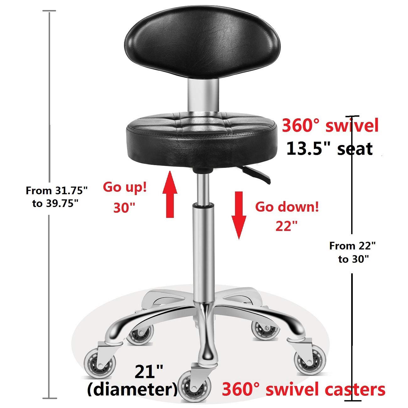 Kaleurrier Taburete con ruedas suaves de doble rueda, cómodo respaldo acolchado, asiento giratorio, altura hidráulica ajustable, resistente y duradera