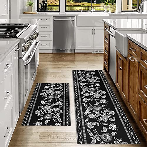 Ideasonna Black Floral Kitchen Rug Mat, Black And White Kitchen Rugs Sets Of 2 Washable Non-Slip Black Kitchen Mats For Floor 2 Piece Black Kitchen Decor #TOP1
