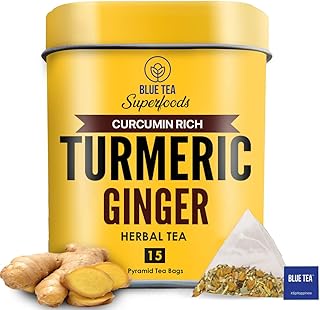 BLUE TEA - Turmeric Ginger Tea - 15 Count - Pyramid Plant Based Tea Bag | CURCUMIN RICH - HERBAL BLEND | Herbal Tea - Caffeine Free - Non-GMO - Vegan - Earthy Flavor - Healthy | Reusable Tin Pack