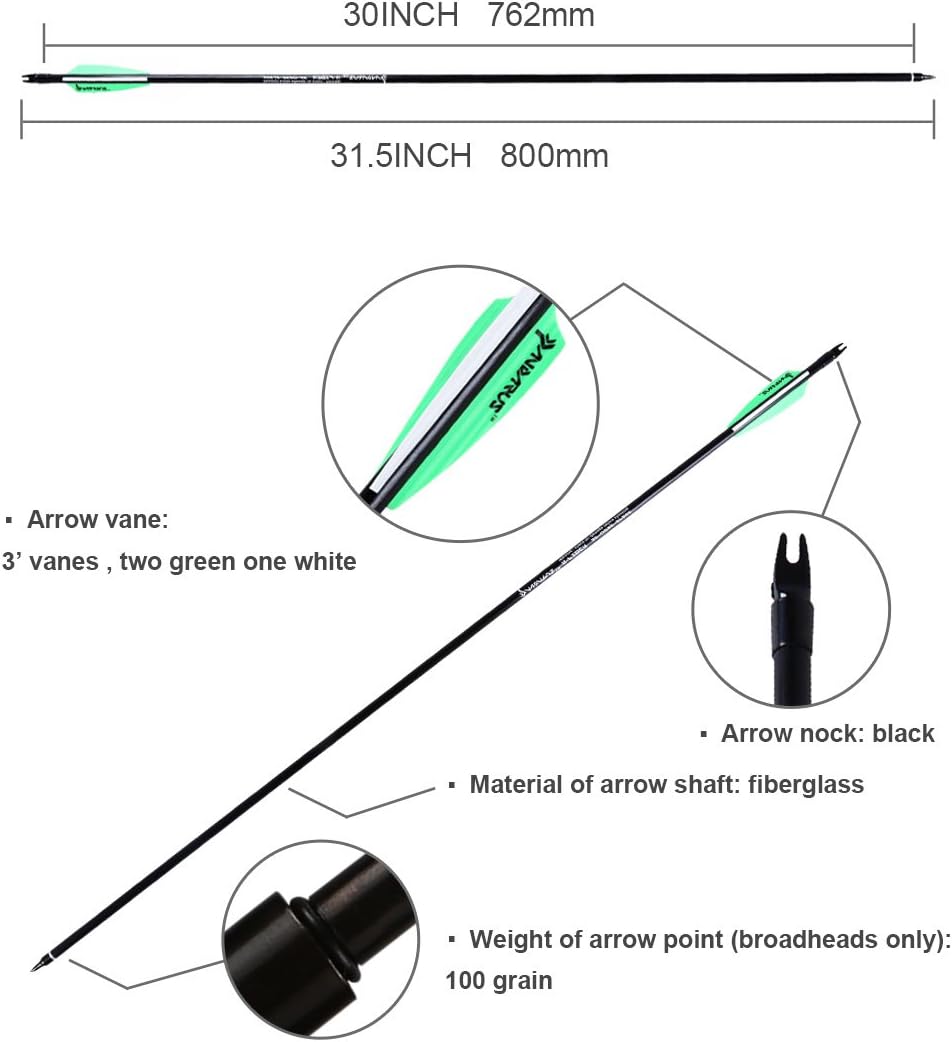 Archery 32inch/30inch 8mm Fiberglass Hunting Practice Arrows with Replaceable Arrowhead Spine 500 for Recure and Compound Bow Target (Pack of 12)