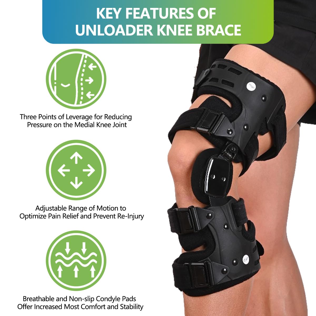 Komzer OA Unloader Knee Brace, Adjustable ROM & Stabilizing Support Used for Unloading Joint Pressure Caused by Bone-on-Bone Osteoarthritis, Capable of Delaying Surgery & Correcting Bow Legs/Valgus (Black, Left)