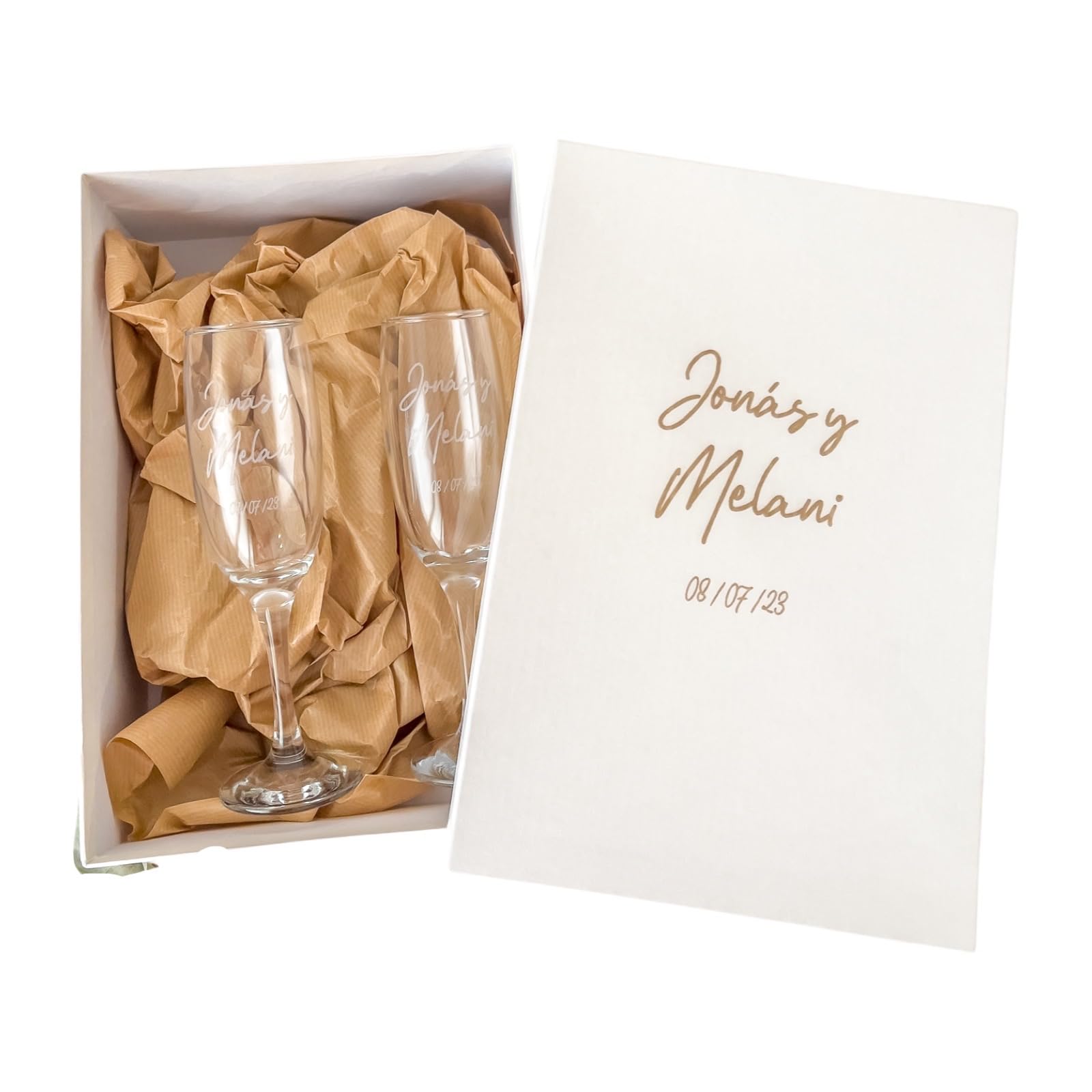 Pack de dos copas de cava personalizadas de cristal con caja - 21cl - Copas champán personalizadas para novios - Regalo de Boda, Celebraciones, Bodas de Oro o Bodas de Plata