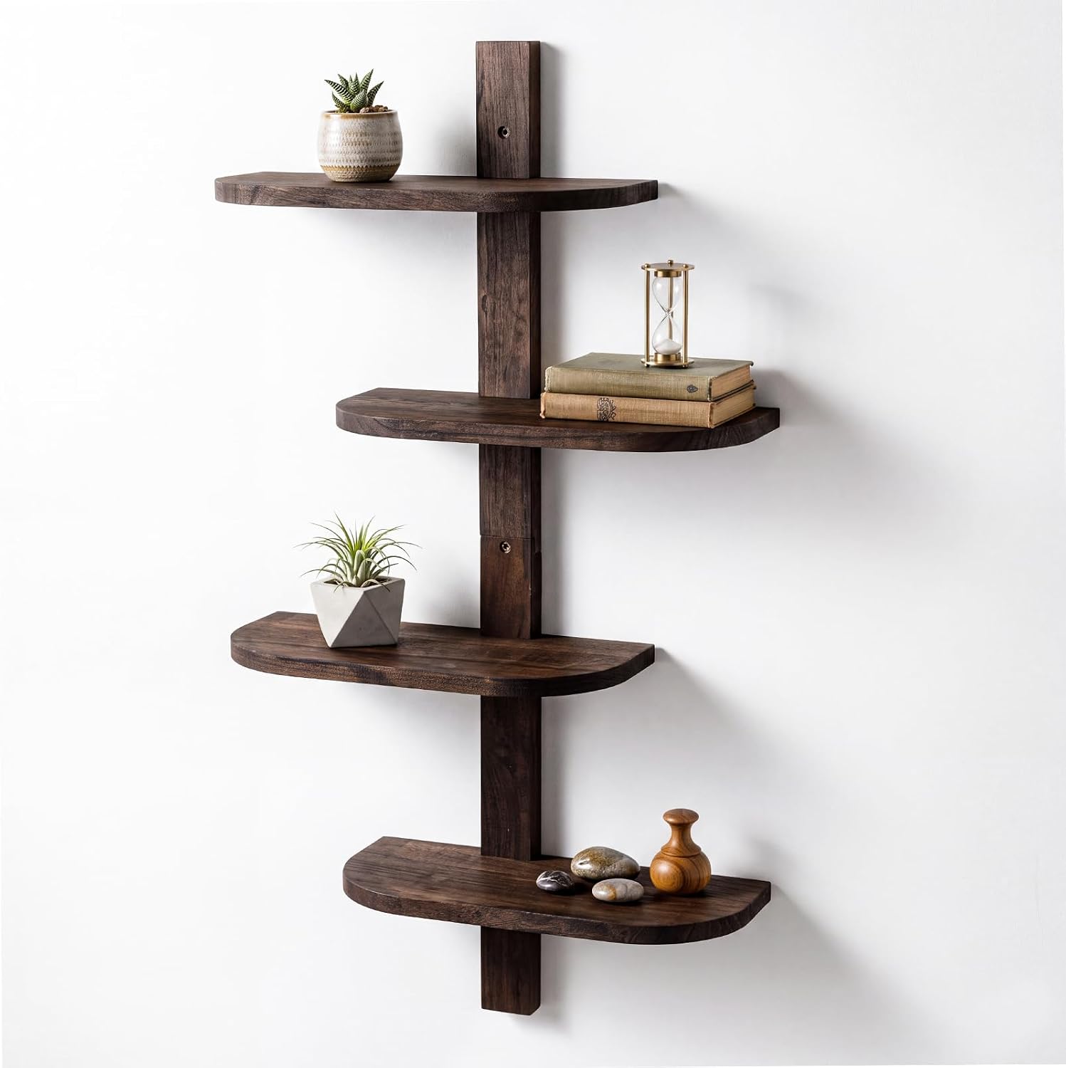 Pinkunn Floating Shelves for Wall Set of 4 Unit Mid Century Modern Decor | 4 Tier 32in Display Shelf Unit, Walnut Color, Decorative Wood Shelving, for Living Room Bedroom Bathroom Plant Photo Display