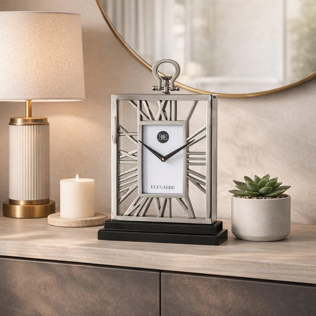 Elegant Rectangle Clock for Home Living Room Decor - Modern Metal and Glass Desk Clock with Roman Numerals for Office, or Mantel Display - Decorative Table Accent for Consoles - 17", Silver & Black