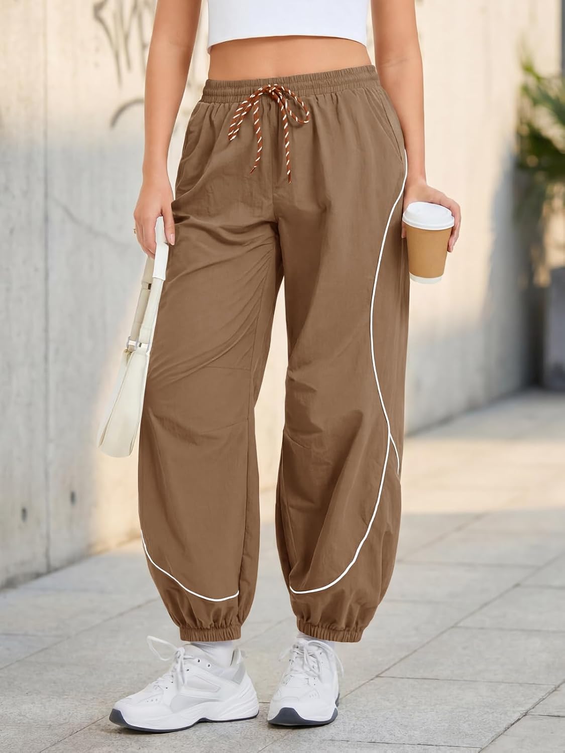 Aoysky Womens Parachute Track Pants Baggy Wide Leg Elastic High Waisted Drawstring Jogger Pants with Pockets
