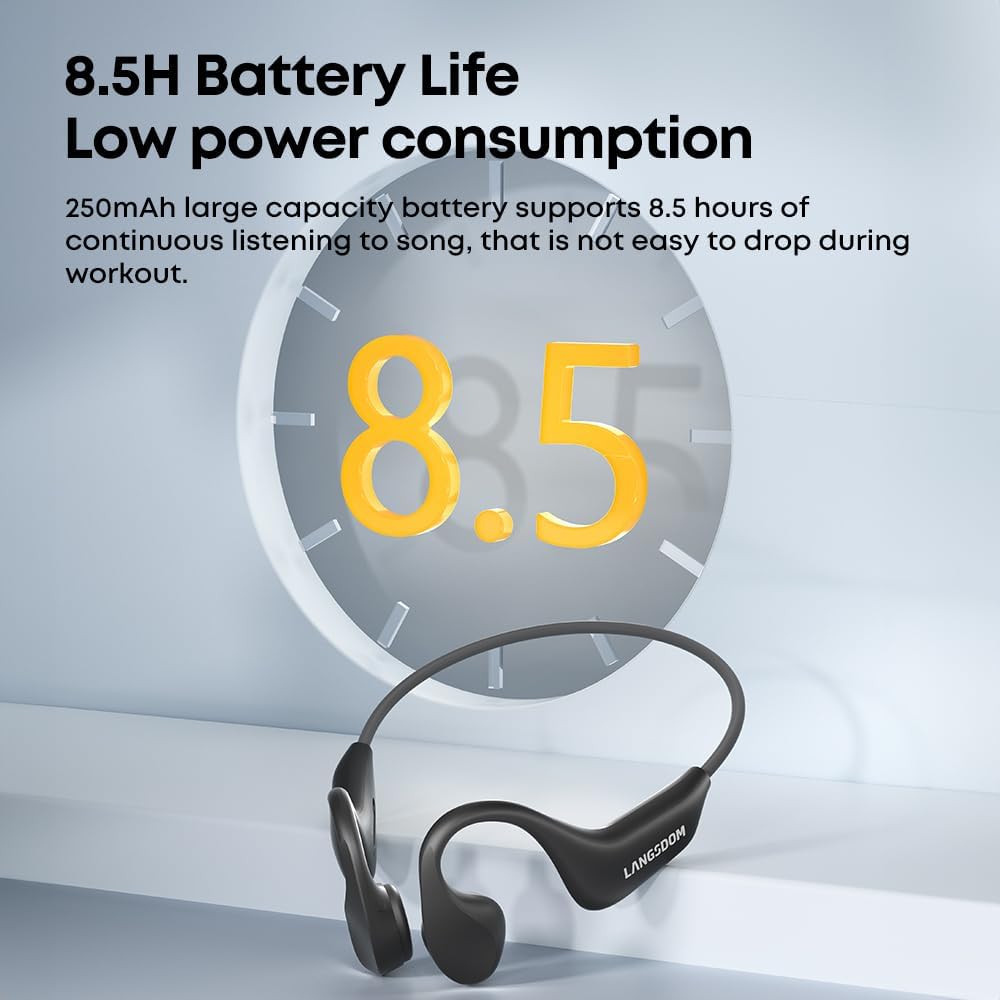 Langsdom BE20 Bone Conduction Sports Headphones with 16GB MP3, Bluetooth 5.4, IP68 Waterproof, Open-Ear Running Headset with Mic, 8.5H Playtime, Noise Reduction, Dual Connection (Black)