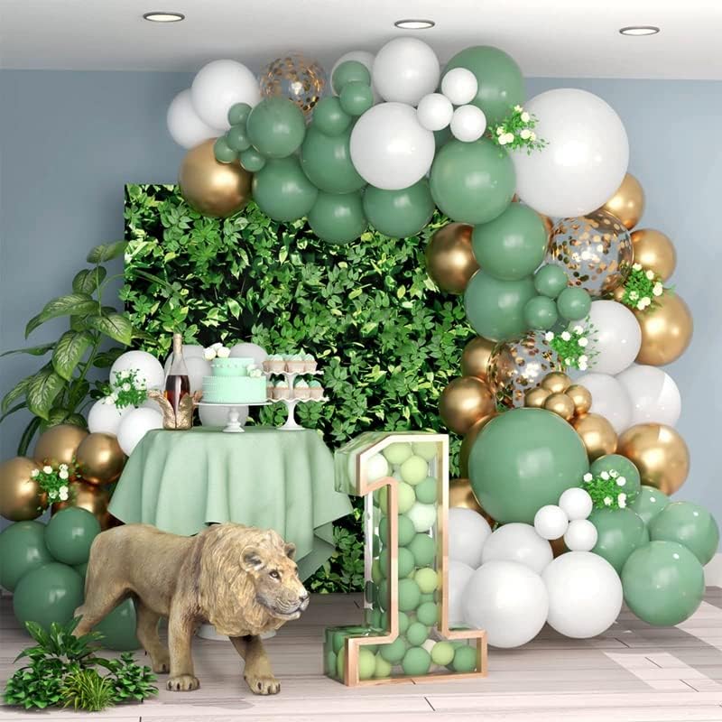Sage Green Balloon Arch Kit, 102Pcs Olive Green Latex Party Balloons with White Balloon Gold Metallic Balloon Garland for Baby Shower, Birthday, Anniversary Party, Jungle Safari Party Decoration