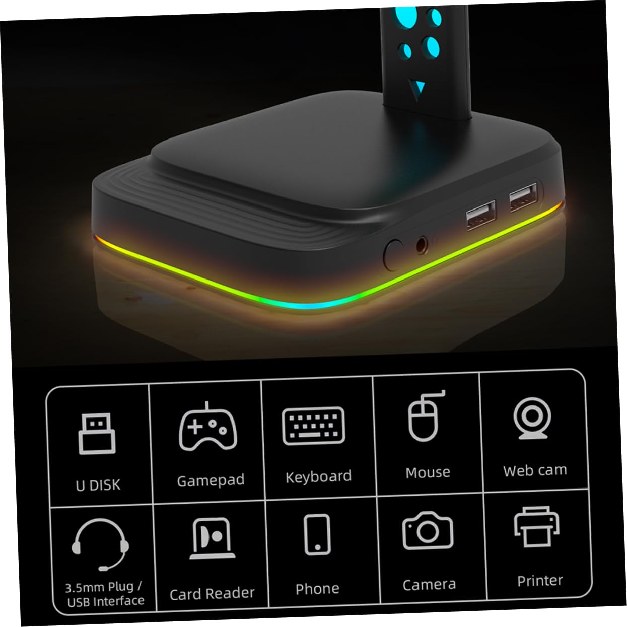 Angoily Soporte para Auriculares para Escritorio Luz LED Ajustable, Material ABS Resistente, Diseño Negro para Gaming Pc y Uso Prolongado