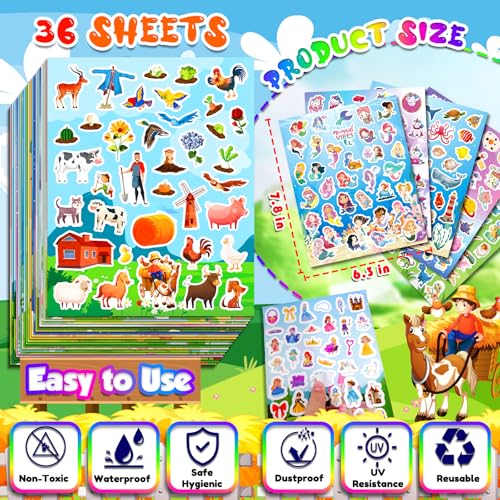 Image of 1286Pcs Stickers, 36 Sheets Mixed Water Bottle Vinyl Stickers Pack with Cute Animals, Unicorn, Mermaid, Princess, Dinosaurs, Space, Dogs, Cats Sticker Bulk