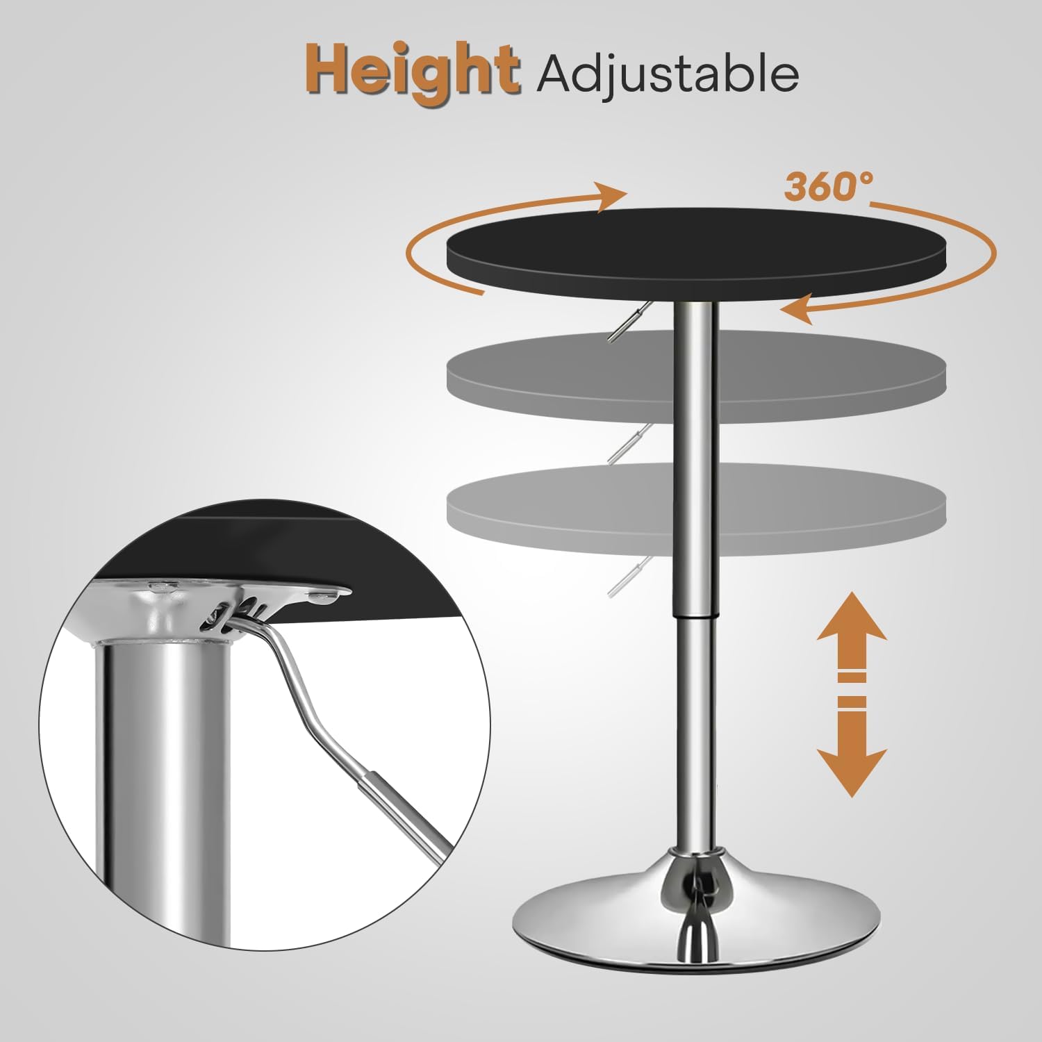 23.5 Inch Round Pub Table, Adjustable Height 27.5"-36", 360° Swivel High Top Cocktail for Dining Room, Kitchen, Patio or Bar, Metal Base, Black