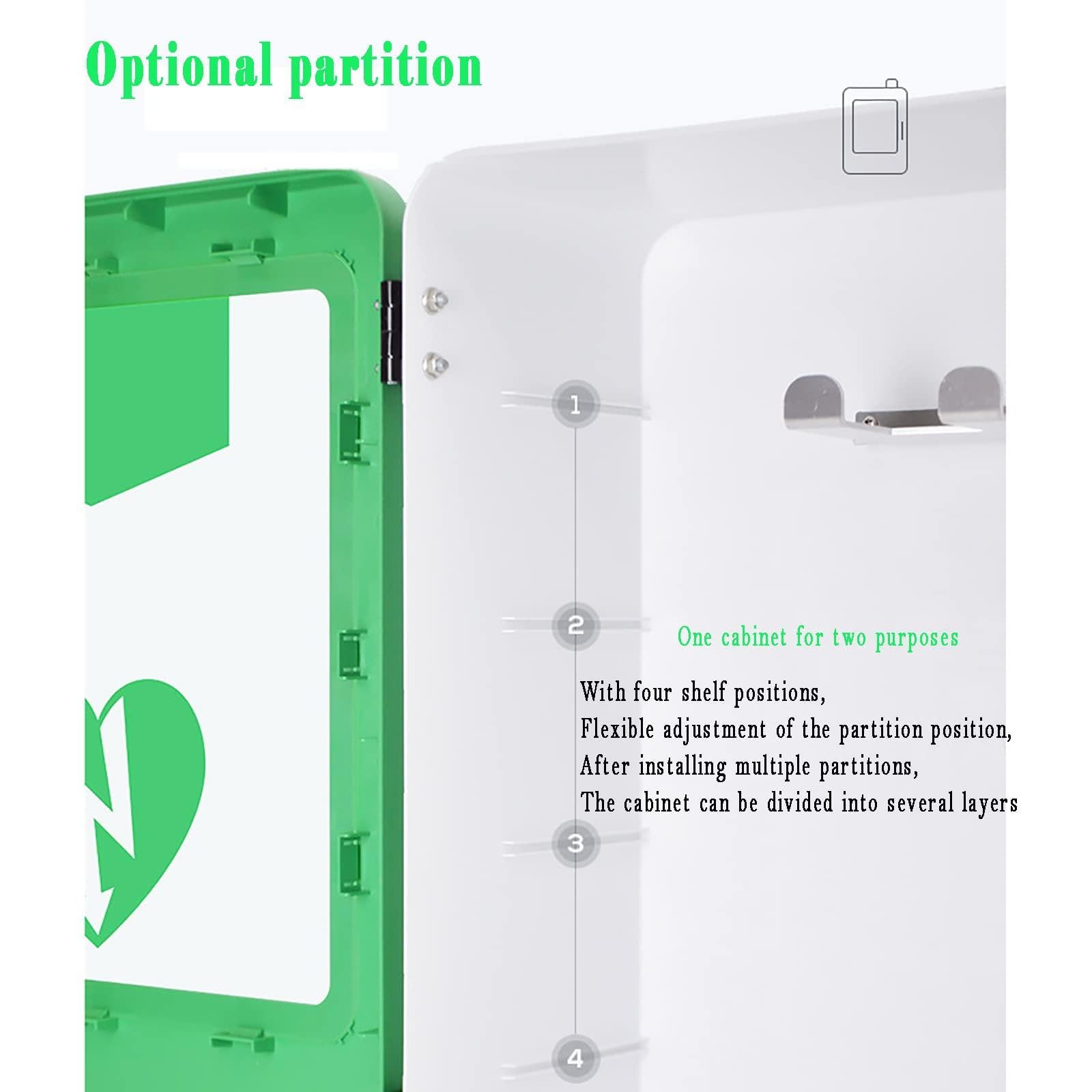 Cassetta di pronto soccorso, Armadietto for defibrillatore semiautomatico esterno (DAE), contenitore a parete con allarme, luce di emergenza, design con angoli arrotondati for casa e ufficio.