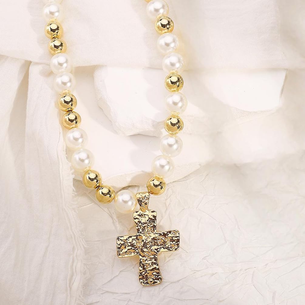 Chunky Gold Big Cross Necklace Statement for Women, Dainty Beaded Pearl Chain Choker Exaggerated Large Cross Pendant Necklaces Party Prom Jewelry Gift - Image 4