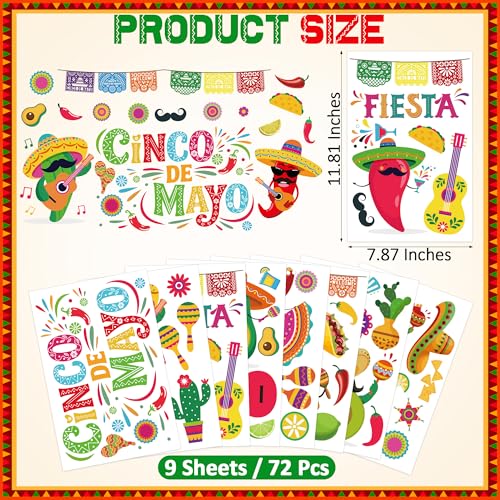 Image of 72 PCS Cinco De Mayo Decorations, 9 Sheets Cinco De Mayo Window Clings, Double-Sided Mexican Stickers with Tacos Guitars Cactus Peppers Designs, Fiesta Party Decor for Window Glass Home Store