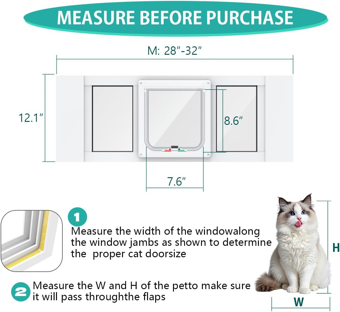 Aluminum Cat Door for Windows - Adjustable to Fit Window Width 28"-32", Quick-Fit Cat Door Window Insert, Magnetic Suction Design, Perfect for Cats
