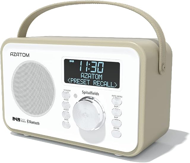 Spitalfields Retro DAB/DAB+ Digital FM Portable Radio/Alarm Clock/Leather Effect Finish/Mains Powered/Rechargable Battery/Subwoofer/Premium Stereo Sound (White)