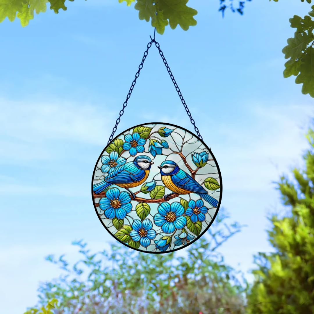 Stained Glass Suncatcher Blue Tit Hanging Round Orbit Garden Decoration, 48cm x 23cm