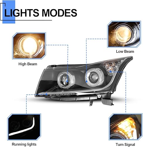 Miniatura 4 de ROXX Conjunto de faros delanteros para Chevy Cruze 2011-2015, tubo LED DRL, carcasa negra, proyector, faros delanteros, par de faros delanteros,