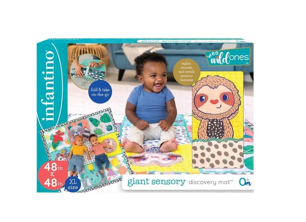 Infantino Jumbo Sensory Discovery Mat - Alfombra de juegos plegable para bebé 122 x 122 cm (48" x 48"), estimulación sensorial del bebé, juguetes de viaje, alfombra educativa con espejo